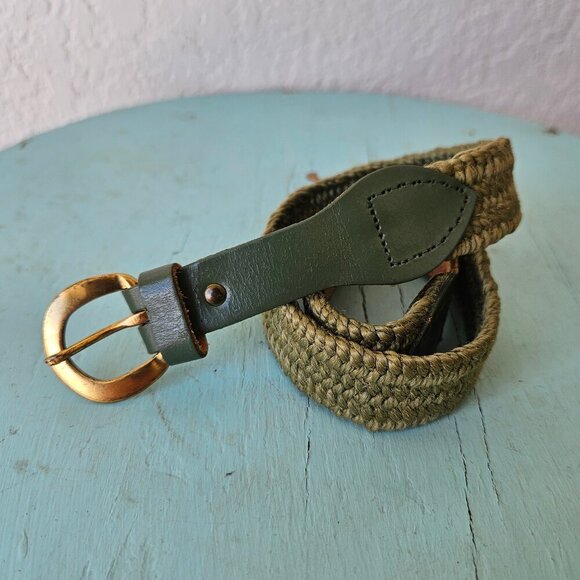 Vintage 50s 60s Olive Green OD Stretch Leather Boys Retro Woven Belt 12 24/26 - Picture 1 of 8